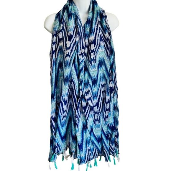 Blue Teal White Sheer Tasseled Zig Zag Geometric Scarf 40" x 72" Rectangular - Picture 1 of 3